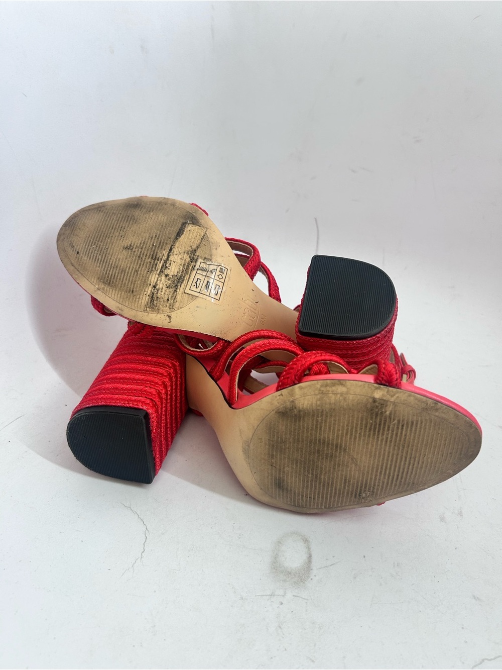 Cabi Tiptoe Rope Sandals Size 8 Hibiscus Red Ankle Strappy Block Heel - Picture 8 of 8